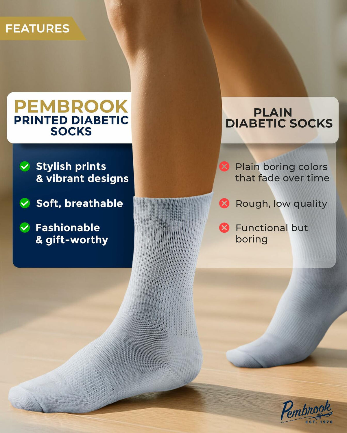 Calcetines de compresión para diabéticos Pembrook para mujer, 2 pares, negro/blanco, talla L