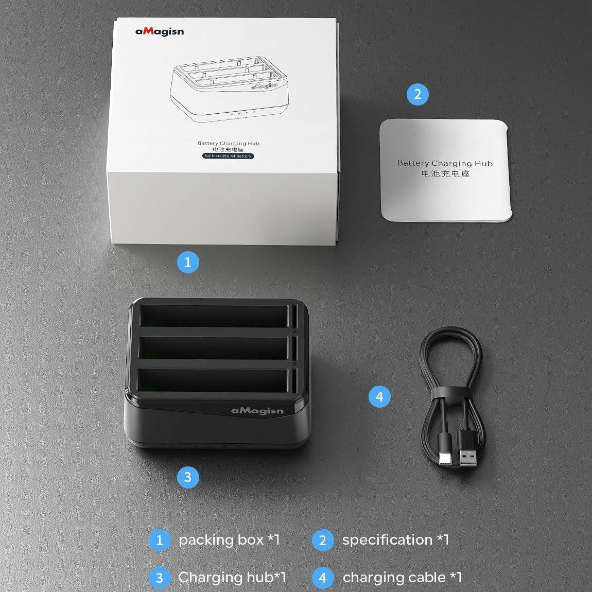 Cargador de batería de 3 ranuras GAEKOL para Insta360 X4 con cable USB-C, negro