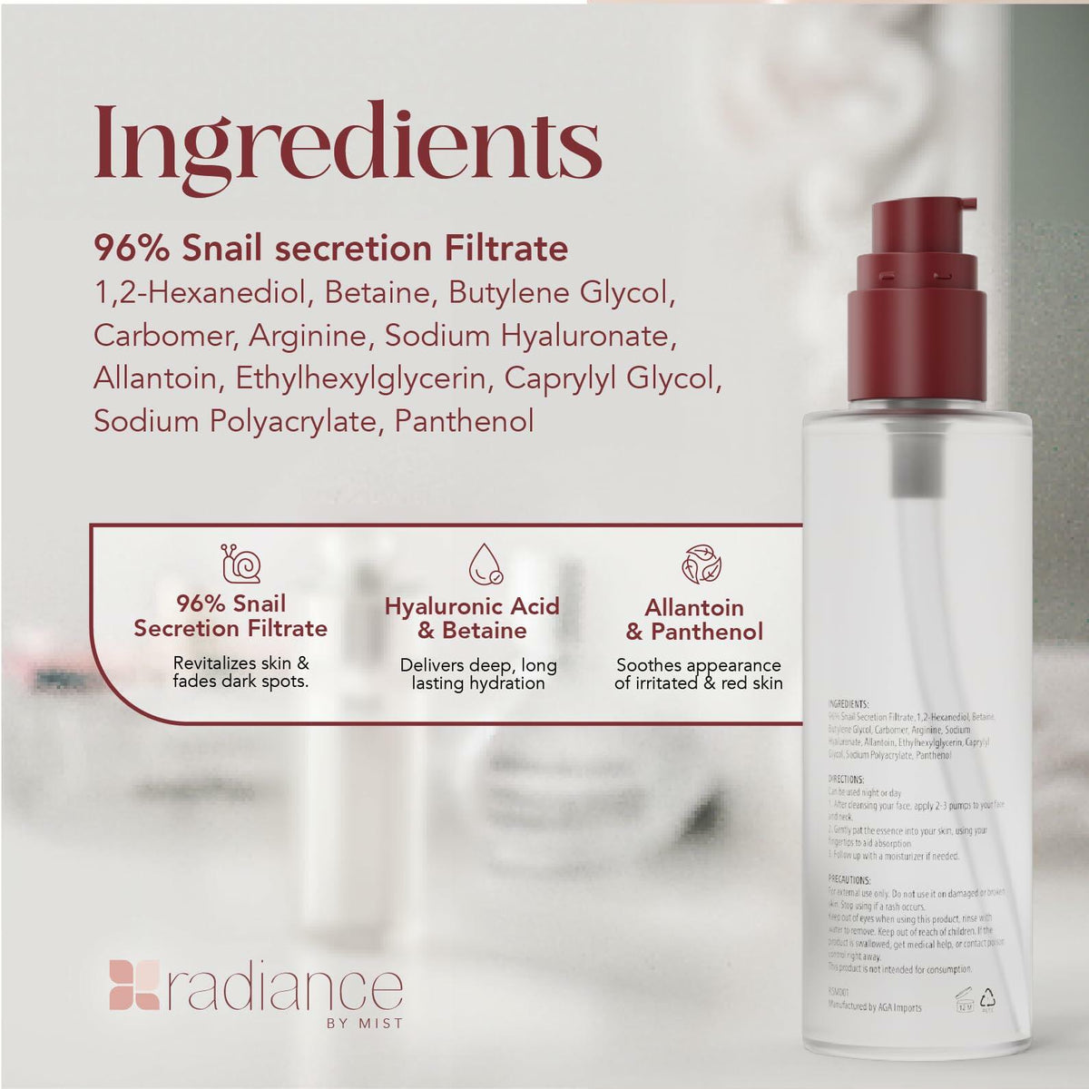 Radiance Snail Mucin Serum 96% Mucin Hyaluronic Acid 100ml Korean Skin Care LIKE