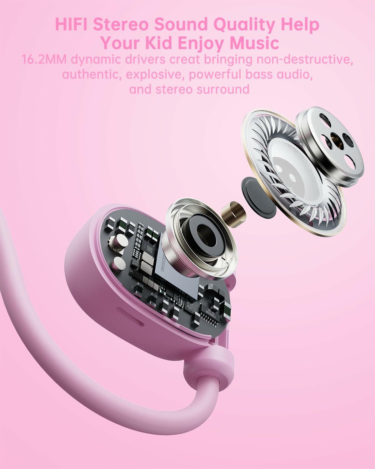 Auriculares con conducción ósea para niños Mehomeli, diseño de oreja abierta, cable con conector de 3.5 mm, color rosa