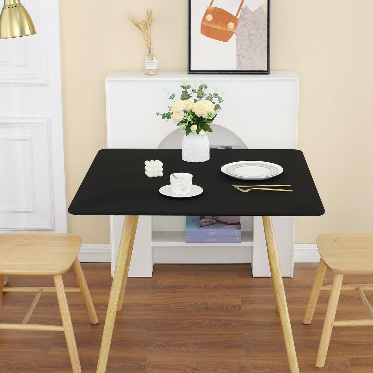 Mantel cuadrado ajustable negro de 34x34 pulgadas, funda de mesa para fiestas de licra elástica