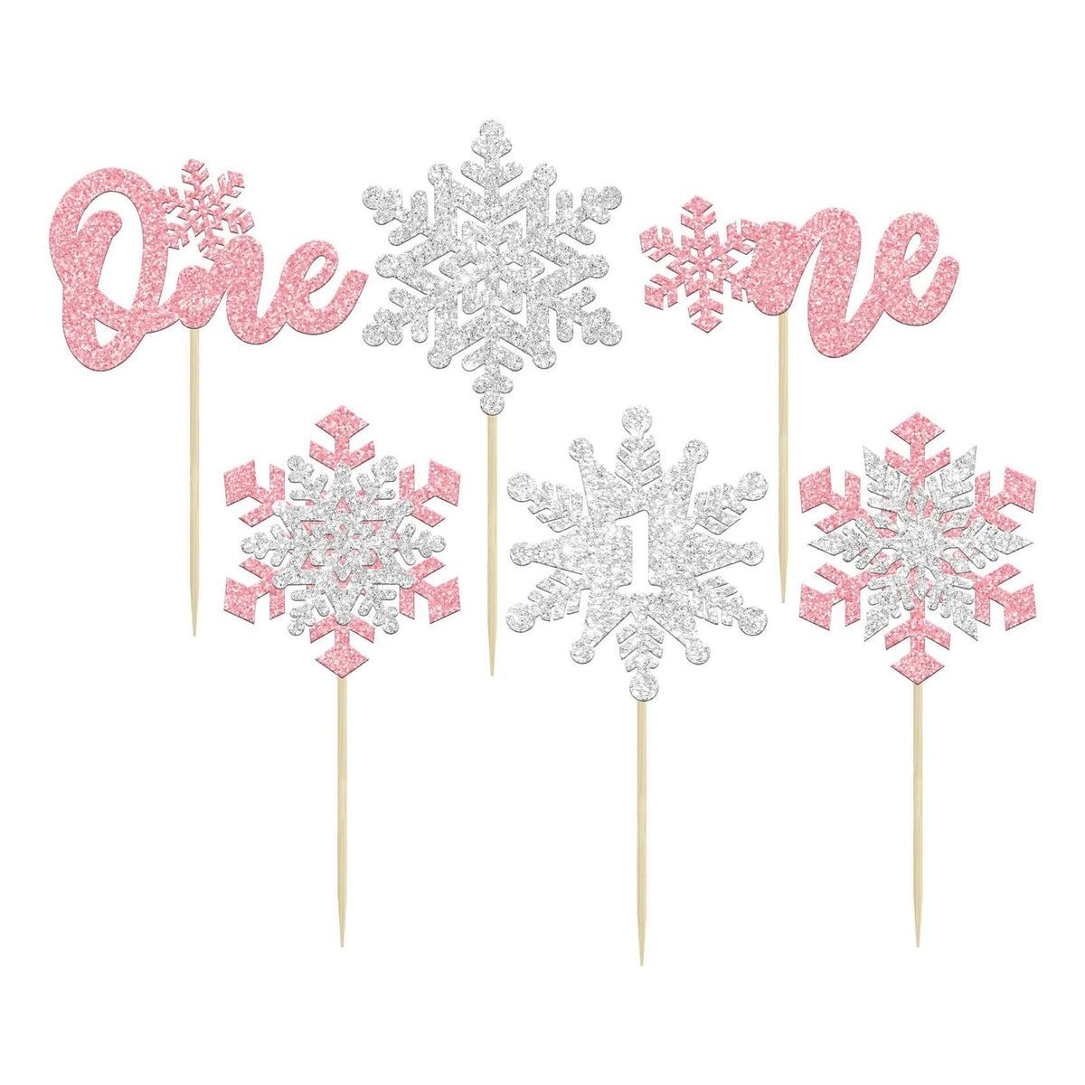 24 adornos para cupcakes de copos de nieve con purpurina rosa de doble capa de Gyufise, de papel