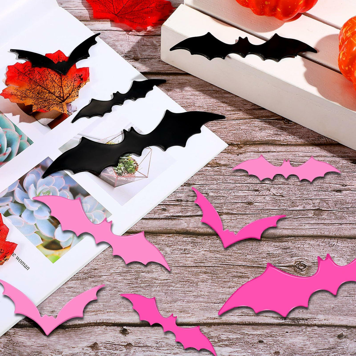 Imanes de murciélago para Halloween Konohan, 15 piezas, 3D, PVC, negro, rosa, rosa intenso, 16x4-8x4 cm