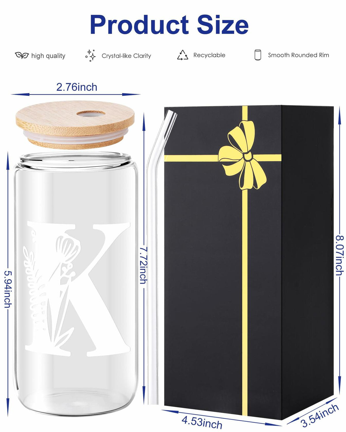 Vaso de vidrio con inicial, tapa y popote, regalo personalizado, CAJA ABIERTA