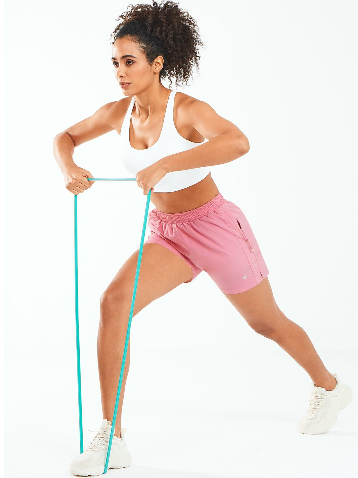 Pantalones cortos de running para mujer ALLZERO de 5" de secado rápido con bolsillos con cremallera, color rosa empolvado, talla 2XL