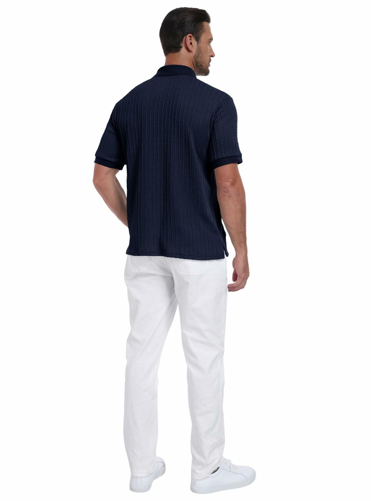 Polo de punto para hombre, cuello en V, sin botones, manga corta, azul marino, talla M