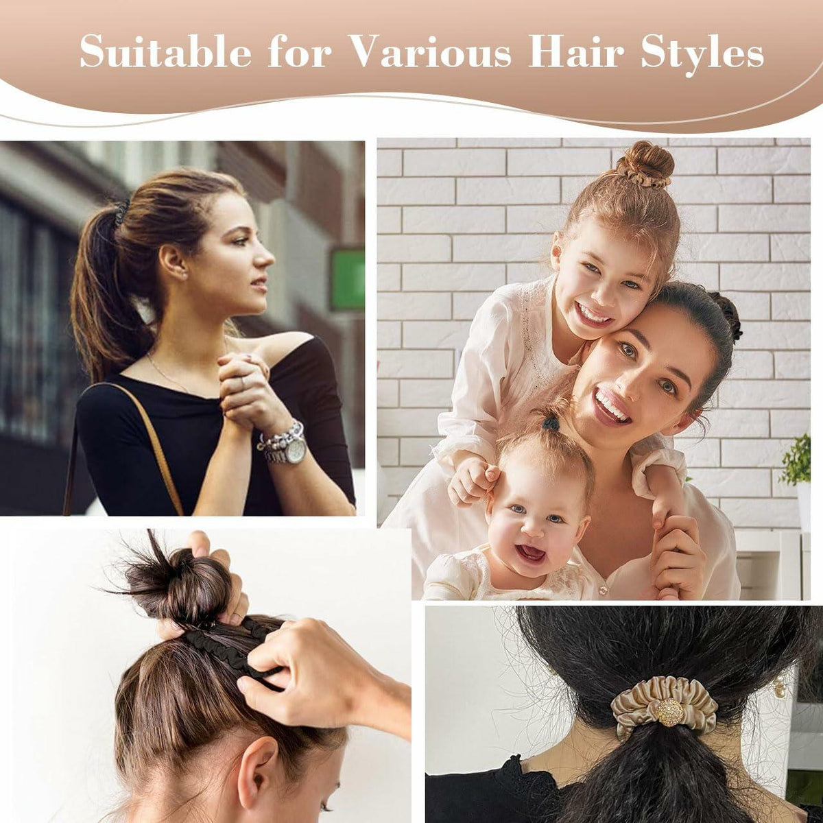 Coleteros de satén elásticos negros para el cabello, tipo seda, para mujer