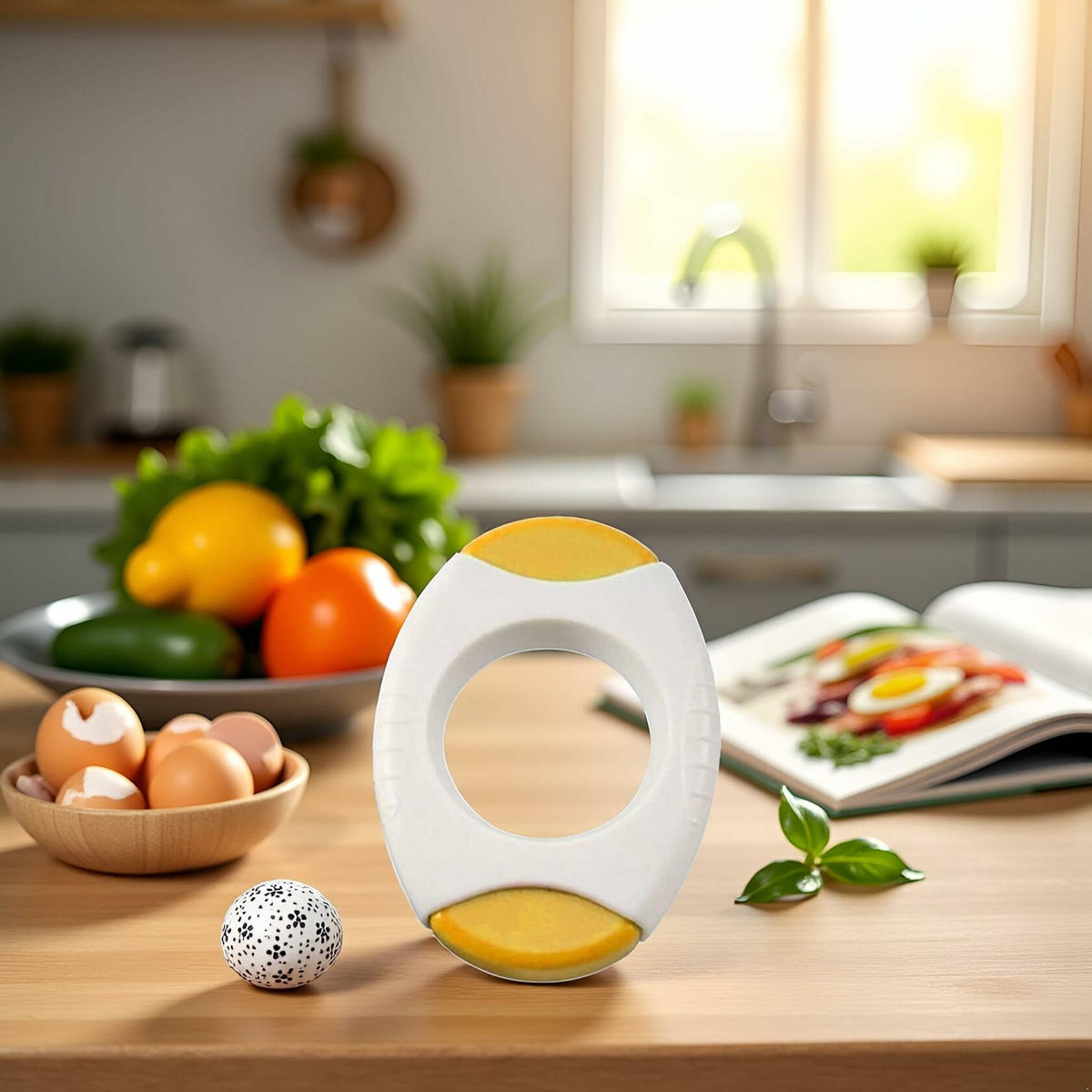 Juroicessry - Cortador de cáscara de huevo amarillo, herramienta de cocina de madera de acacia