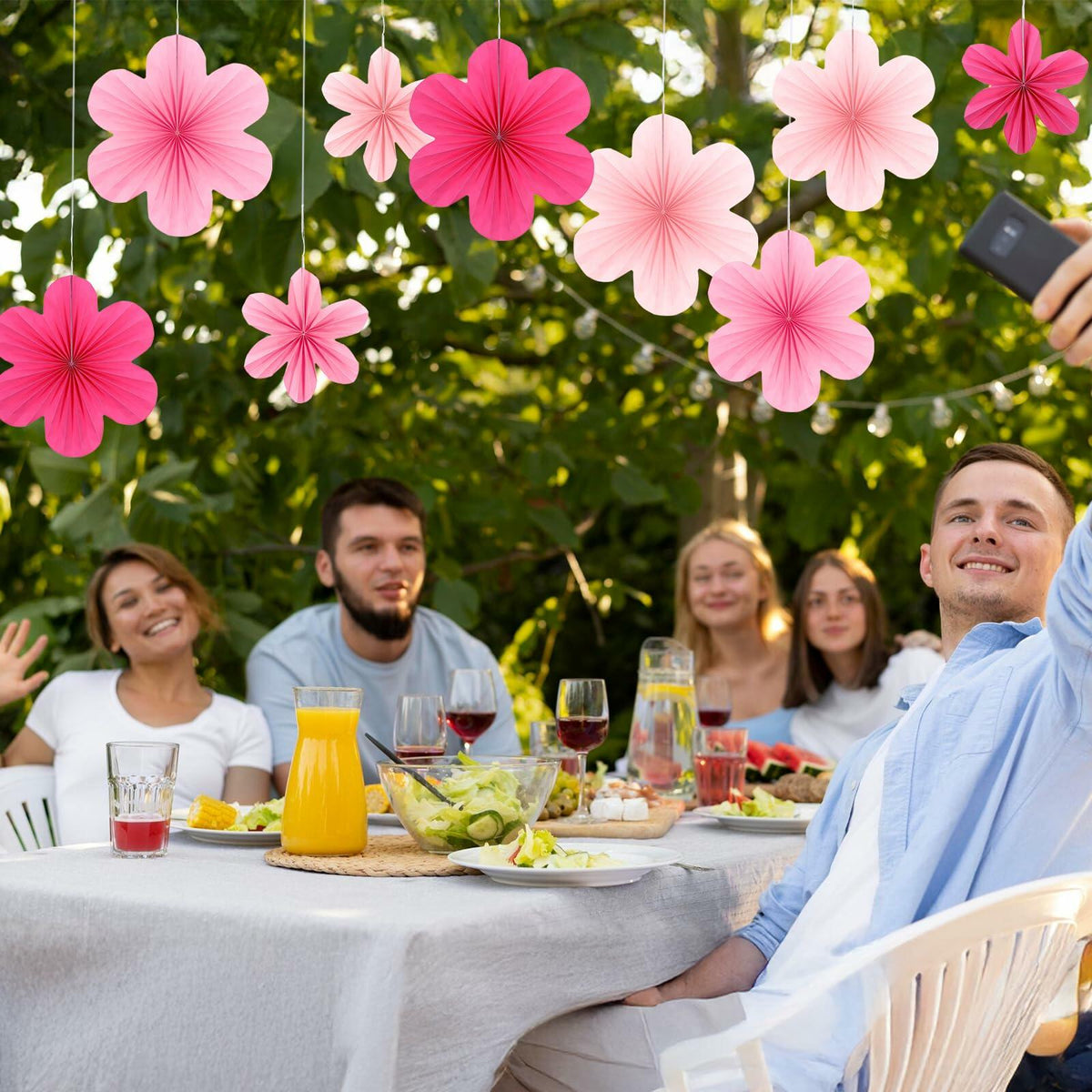 Juego de 9 decoraciones colgantes para fiestas Telooco: abanicos y flores de papel color rosa