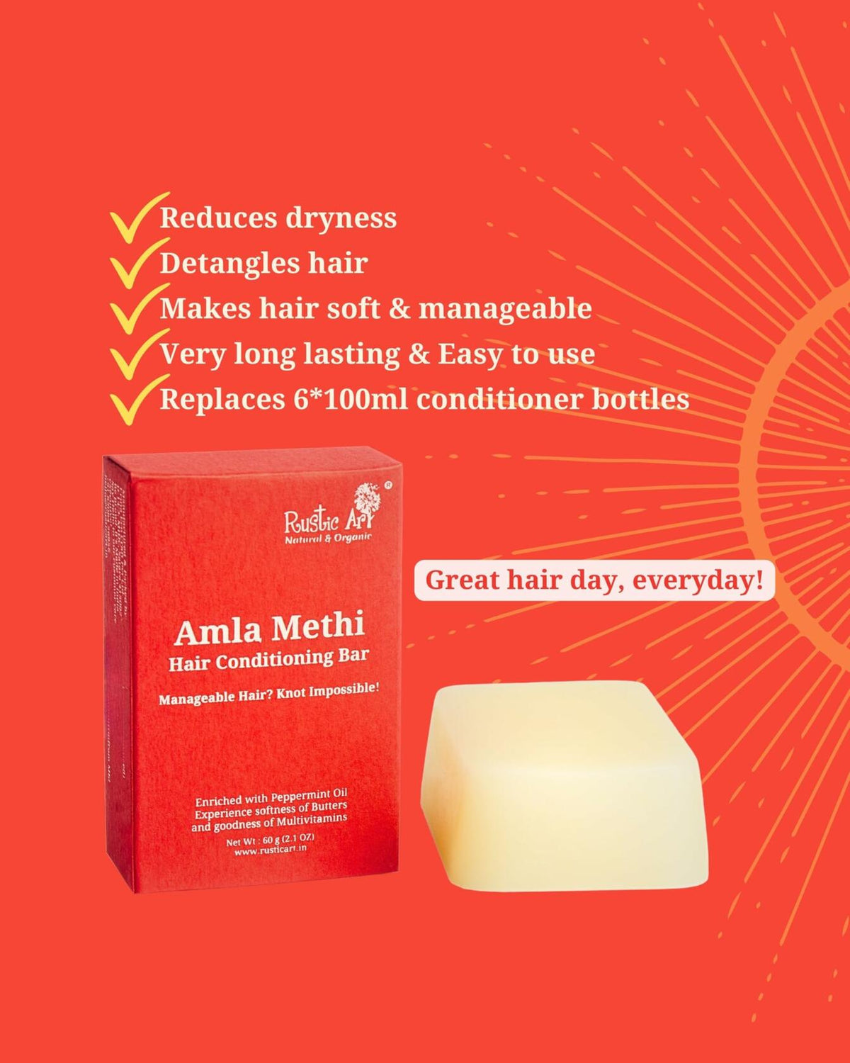 Barra acondicionadora para el cabello Amla Methi de Rustic Art, libre de sulfatos y siliconas