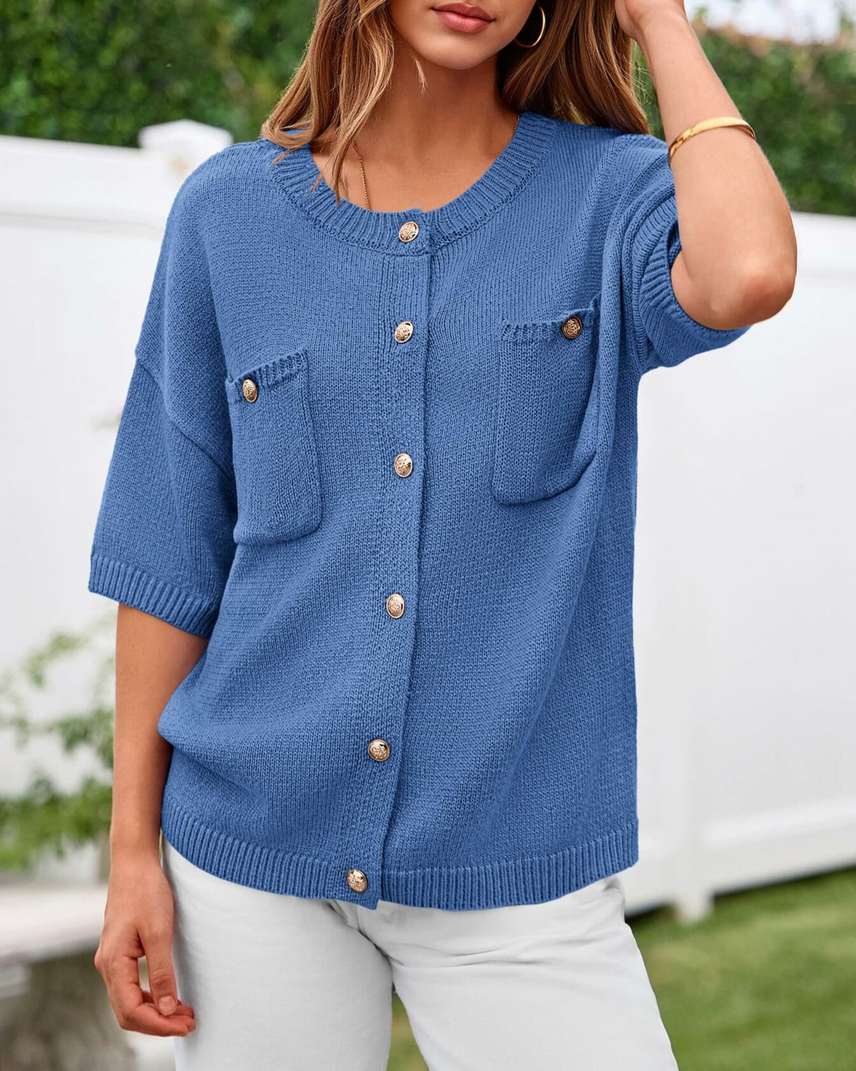 Cárdigan de punto con botones y manga corta para mujer BTFBM, color azul, talla S