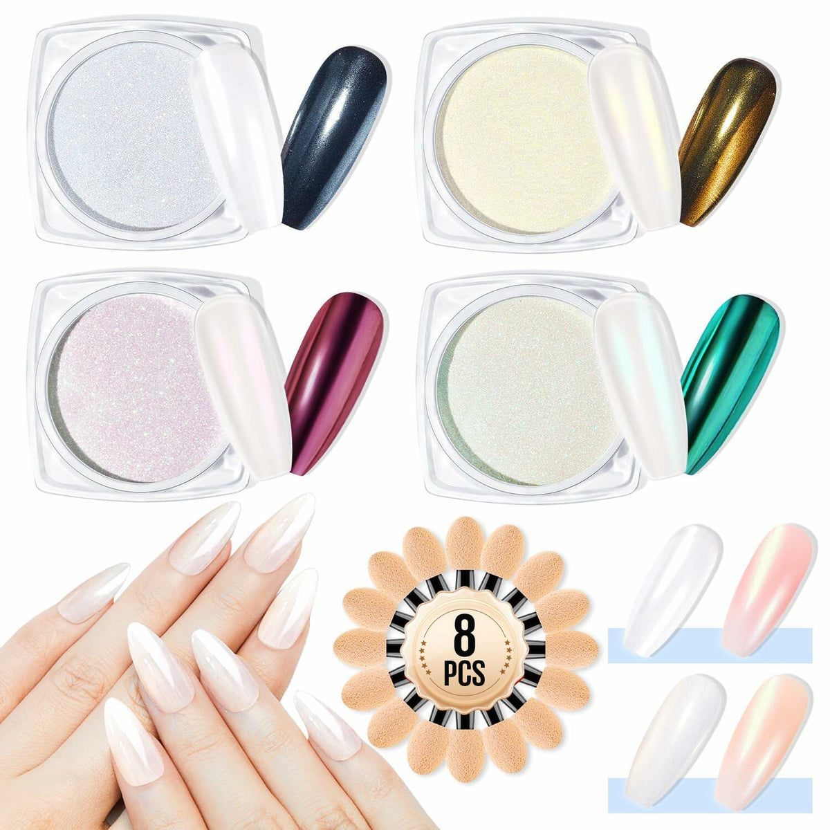 Polvo de uñas cromado MEFA White Pearl, 4 piezas, pigmento nacarado con efecto espejo