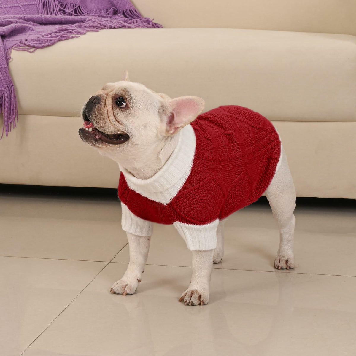 Suéter para perro KCFESTIHUE de punto trenzado con patrón de rombos y cuello de tortuga, color rojo, talla M