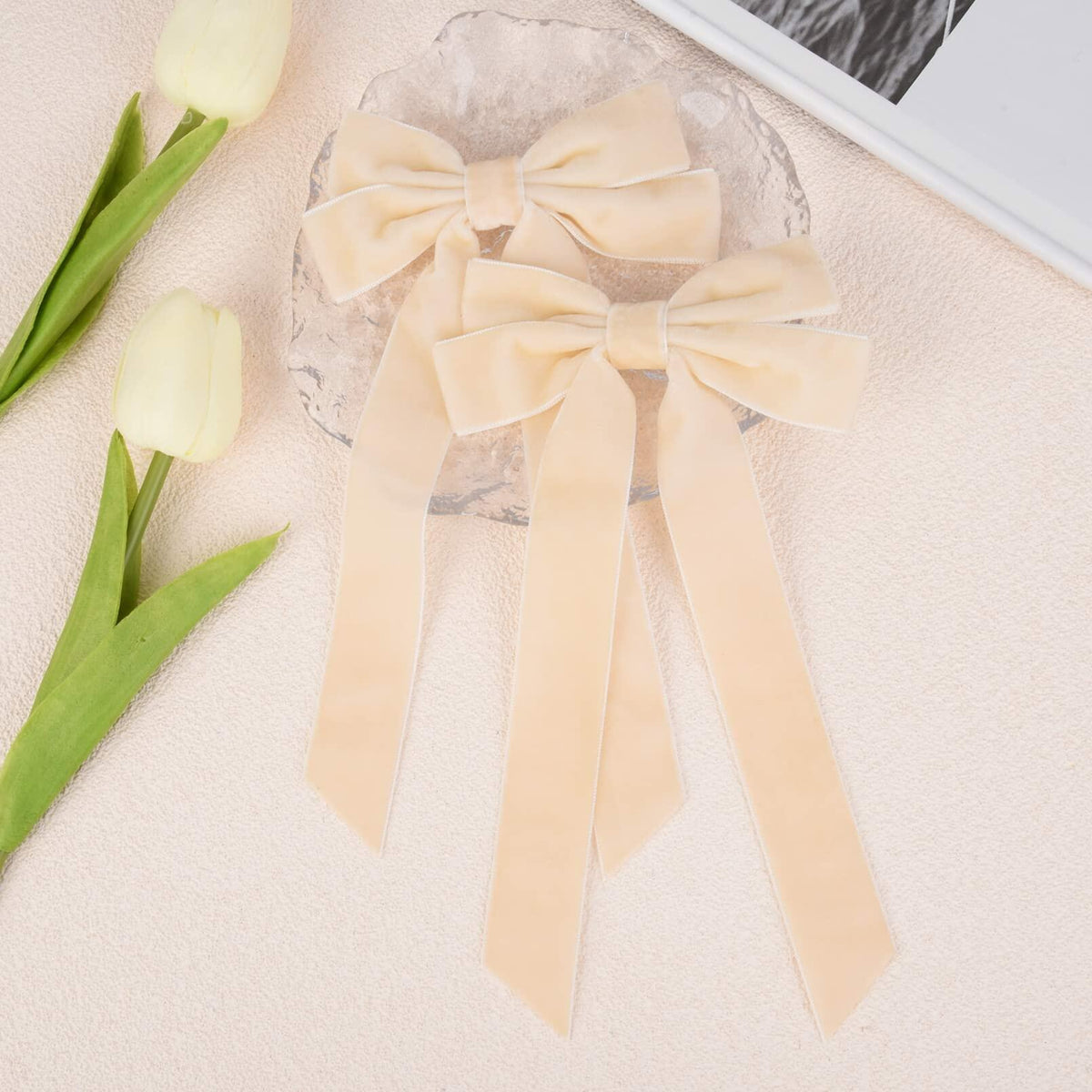 Aileam 2 lazos de terciopelo para el cabello, color marfil beige, pinzas de cocodrilo grandes para otoño