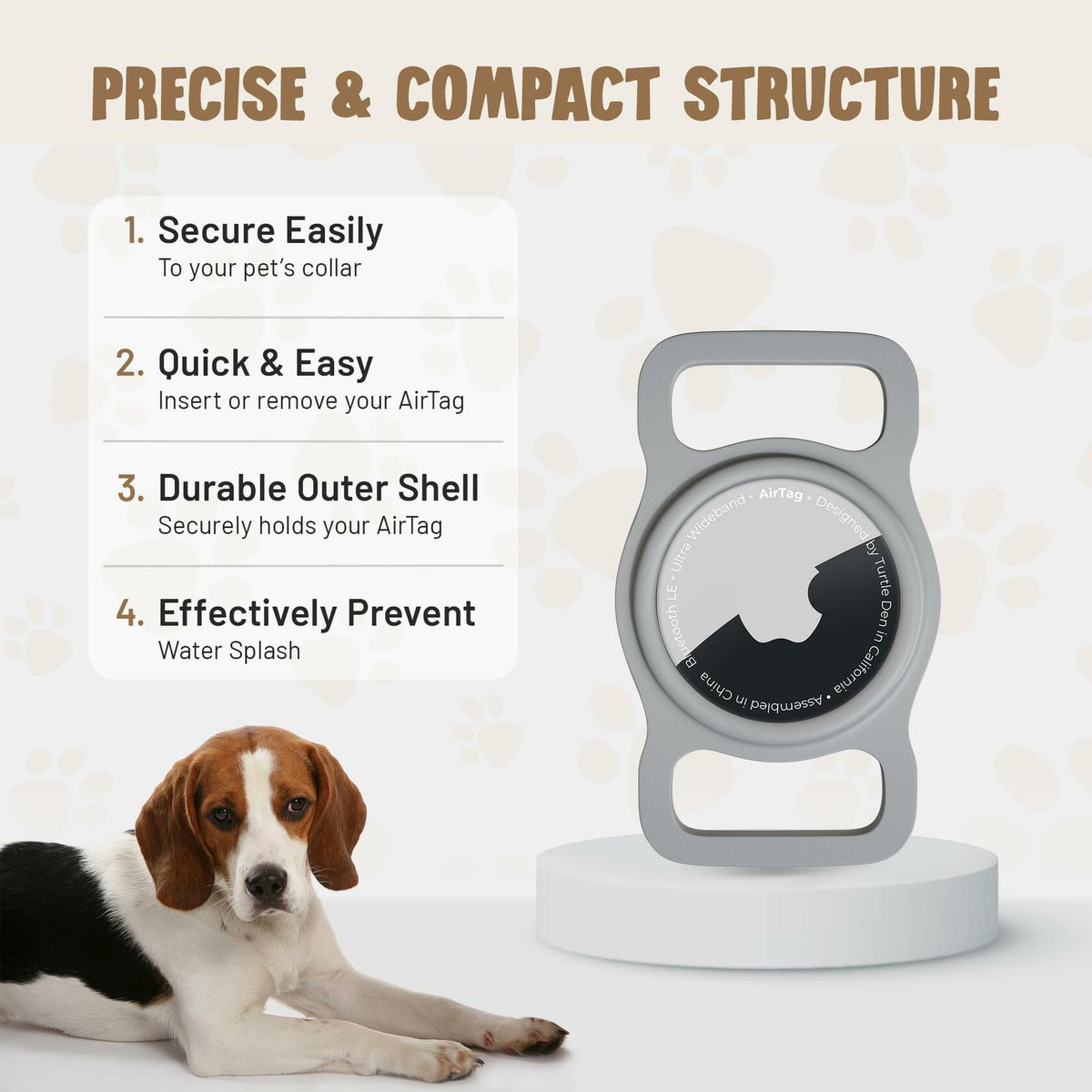 Soporte para AirTag de Turtle Den para collar de perro, de goma impermeable, paquete de 2, blanco