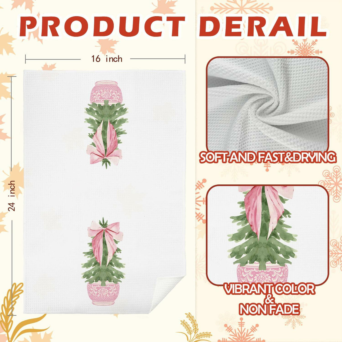 Juego de 2 paños de cocina navideños SPBL&L con diseño de árbol y lazo rosa estilo chinoiserie, 16x24