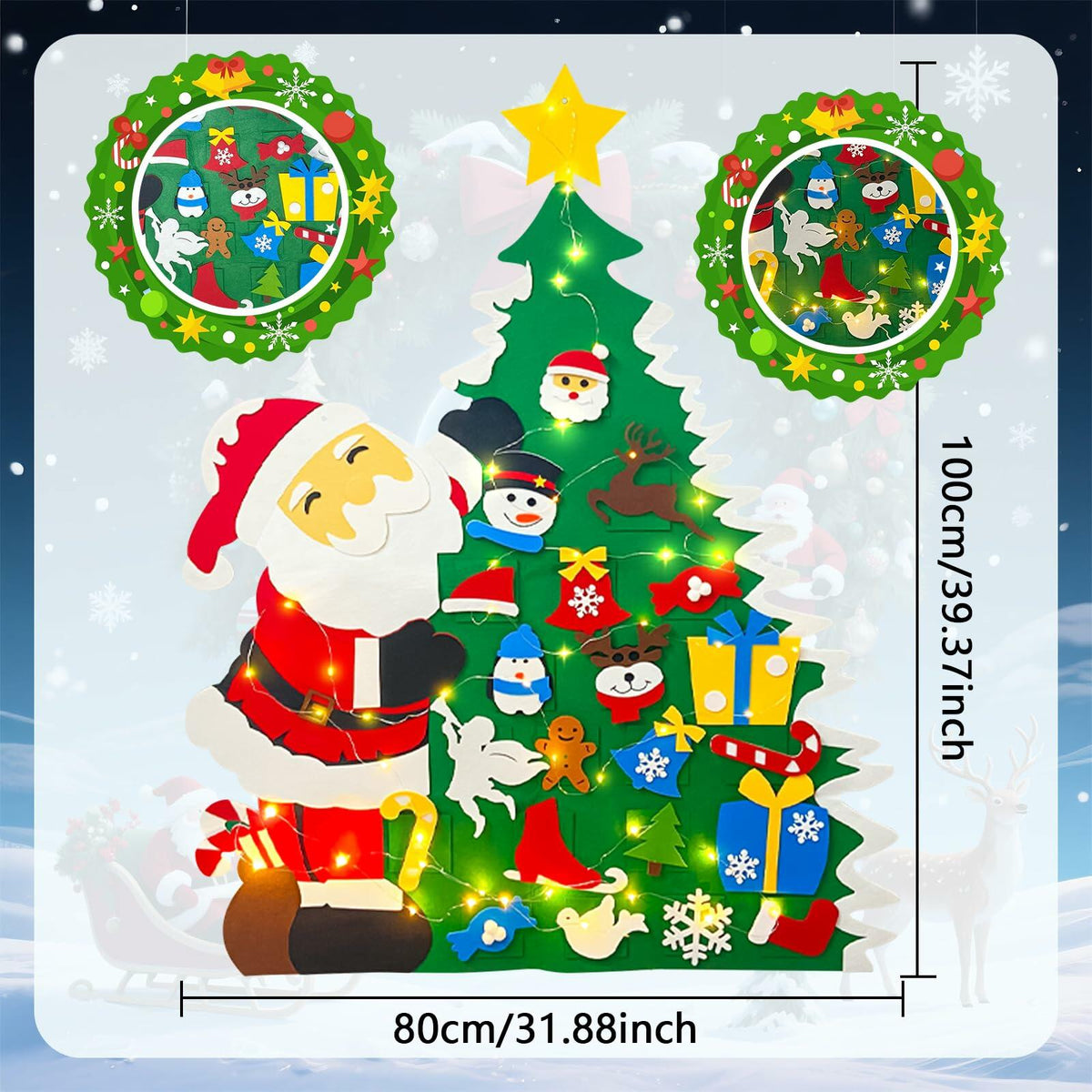 Set de árbol de Navidad de fieltro para manualidades JUN-ELECTRON, 3.2 pies, verde, con adornos y luces
