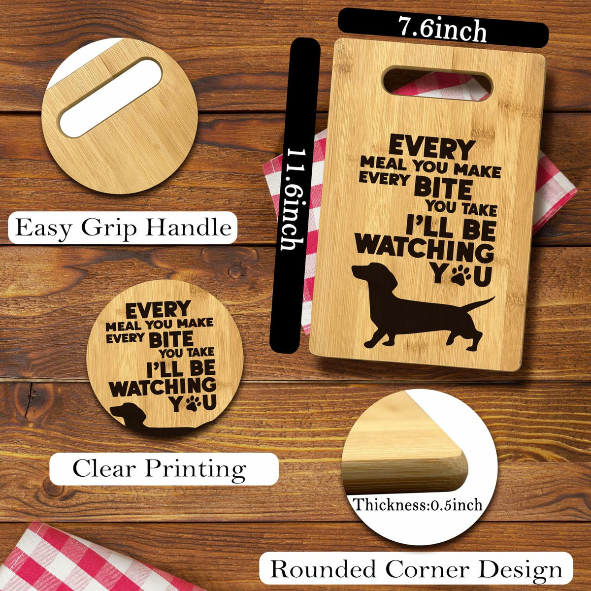FONDCANYON Tabla de cortar de madera de bambú con diseño de perro salchicha, decoración de cocina, marrón