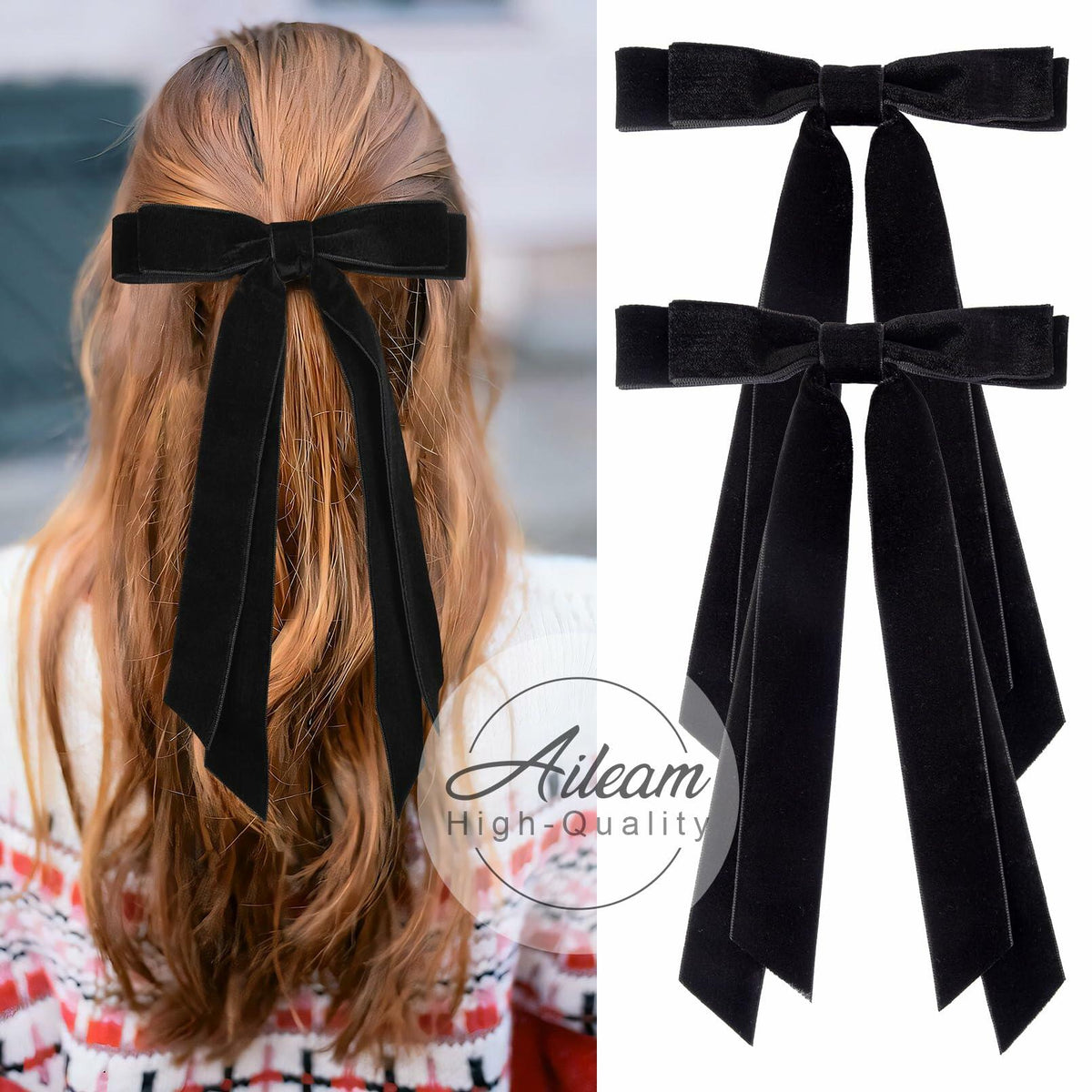 Aileam 2 piezas de lazos de terciopelo negro para el cabello, pinzas con cinta y soporte de metal para cola de caballo