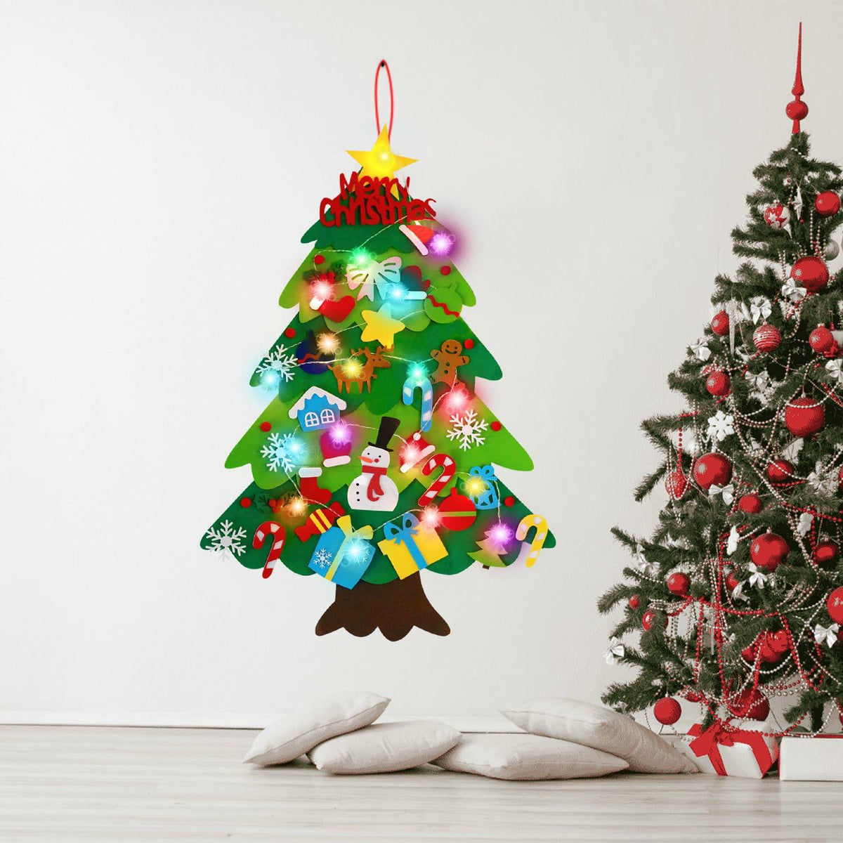 Árbol de Navidad de fieltro EMPOF de 3.3 pies, set de manualidades con luces y 32 adornos coloridos
