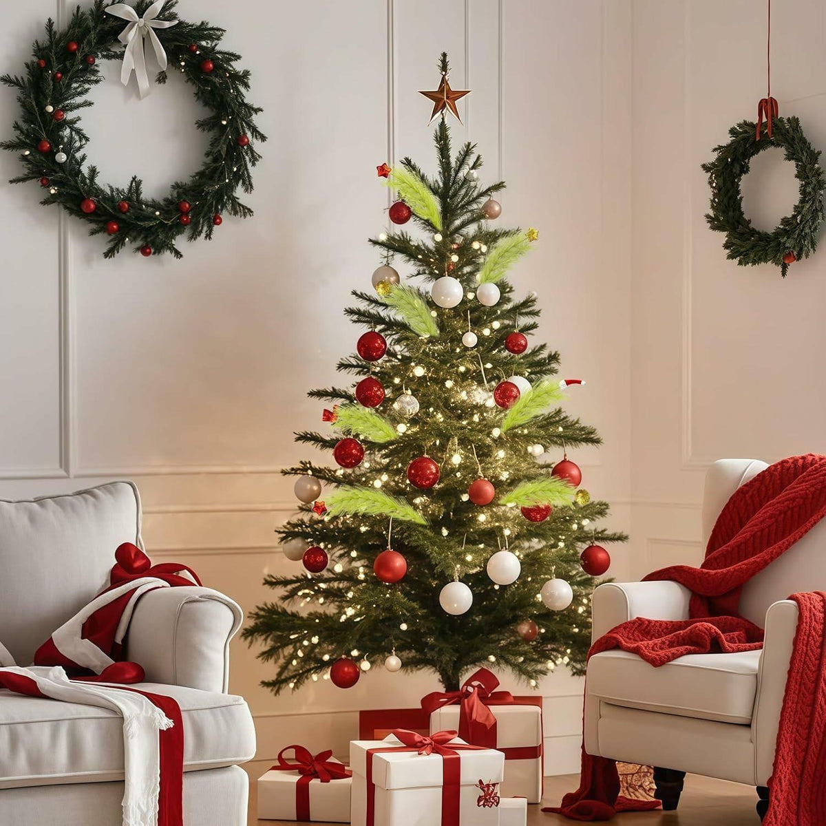 Puntera para árbol de Navidad Petalivebioom de 15.7" con 12 adornos verdes y rojos