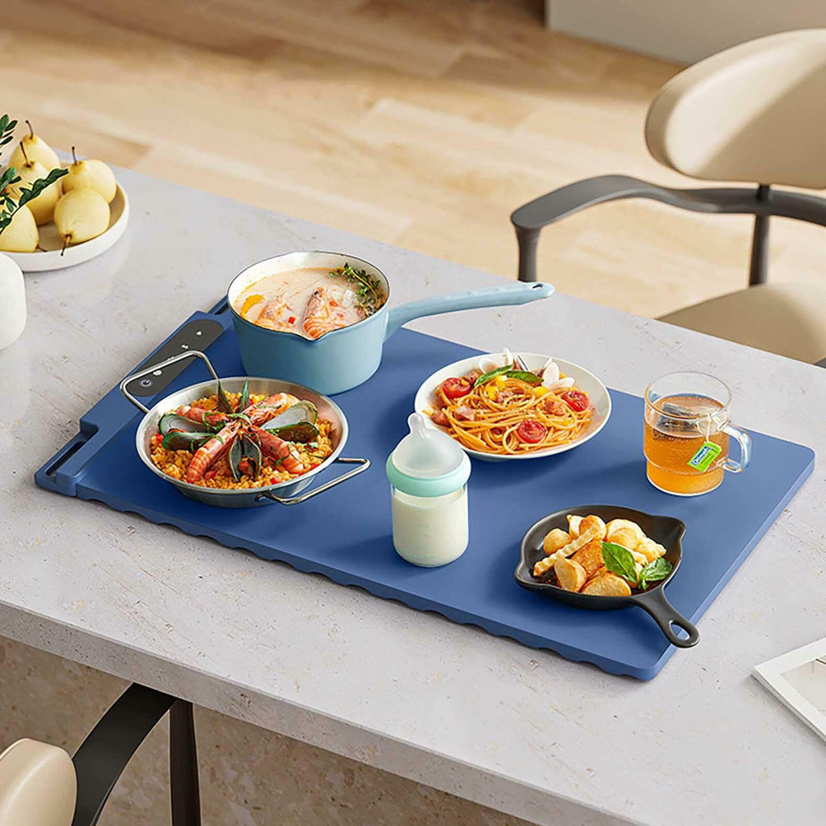 Tapete eléctrico de silicona para calentar alimentos, 26x15 pulgadas, azul, modos ajustables