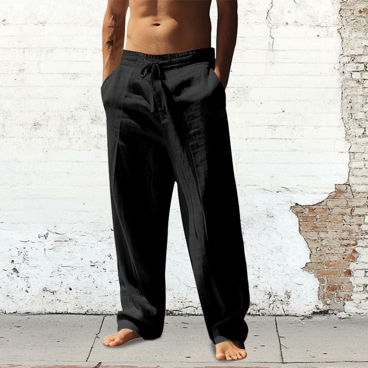 Pantalones de chándal casuales de lino para hombre domirica con cintura de cordón, color negro, talla M
