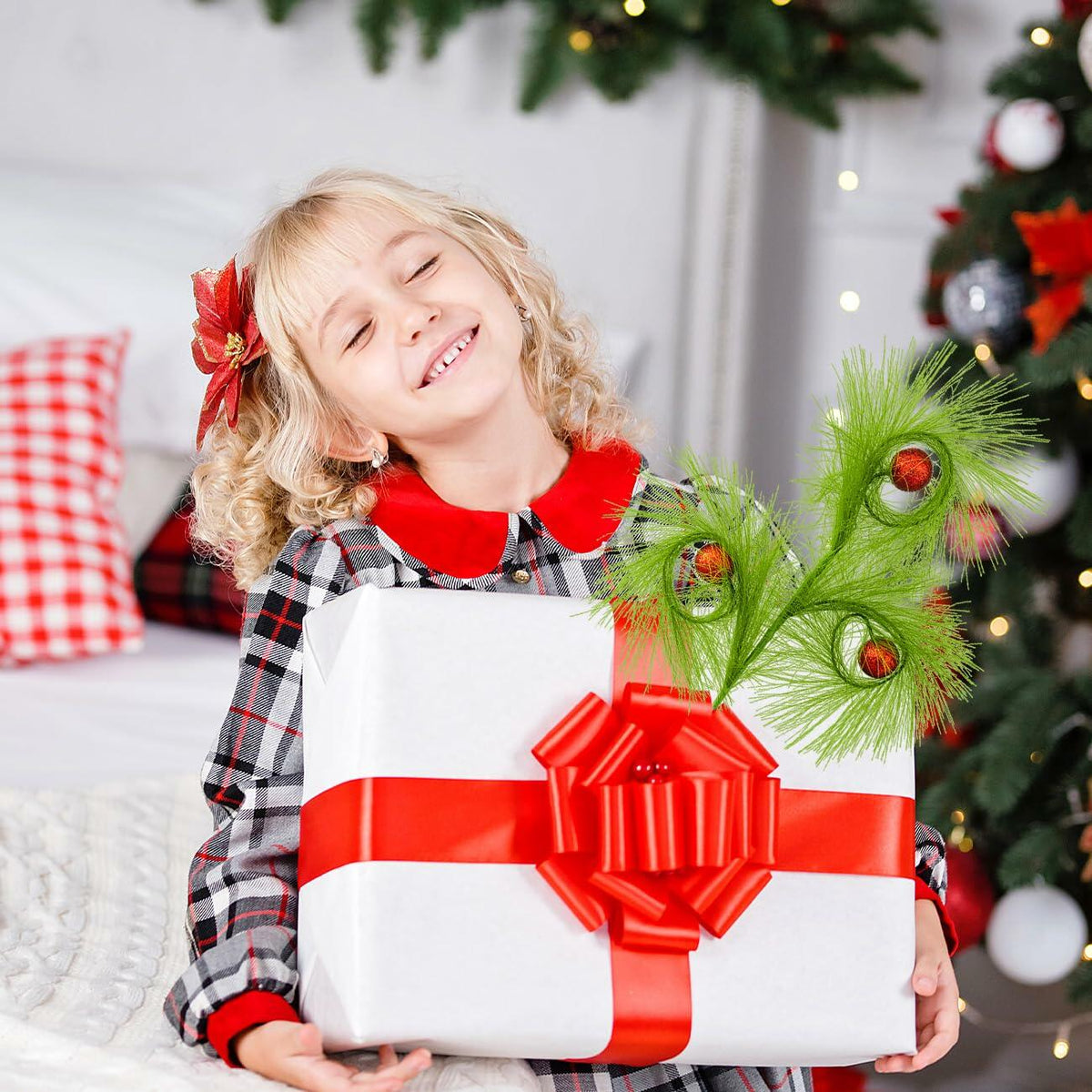 Ruxiel, 6 púas para árbol de Navidad de 17 pulgadas, tallos rizados y peludos de color verde lima