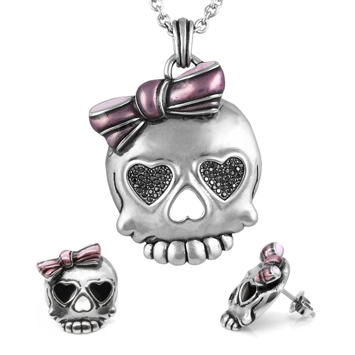 Pink Skull Necklace And Stud Earrings Jewelry Set Gothic