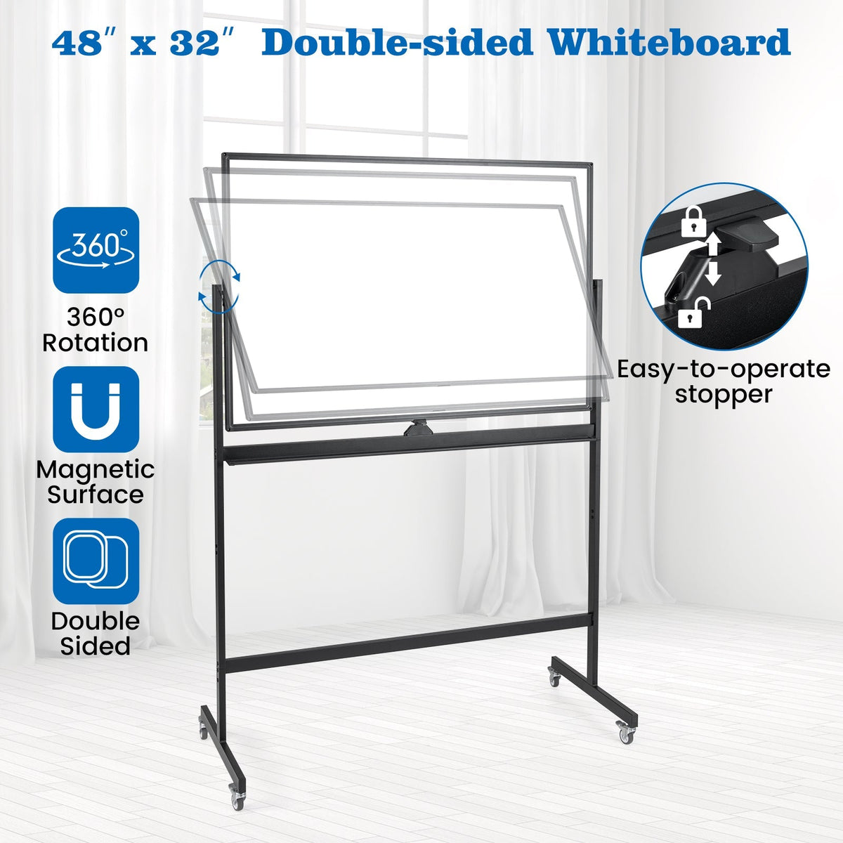 32 x 47 Inch Portable Rolling White Board-Black