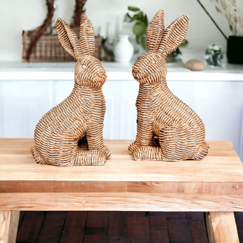 Resin Basket Weave Bunny Figurine Rattan Style Easter Decor 3 Color Options