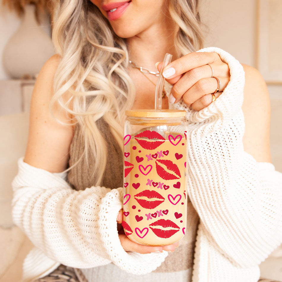 Self Love Club 20oz Glass Tumbler With Bamboo Lid Red Heart Gold Accents