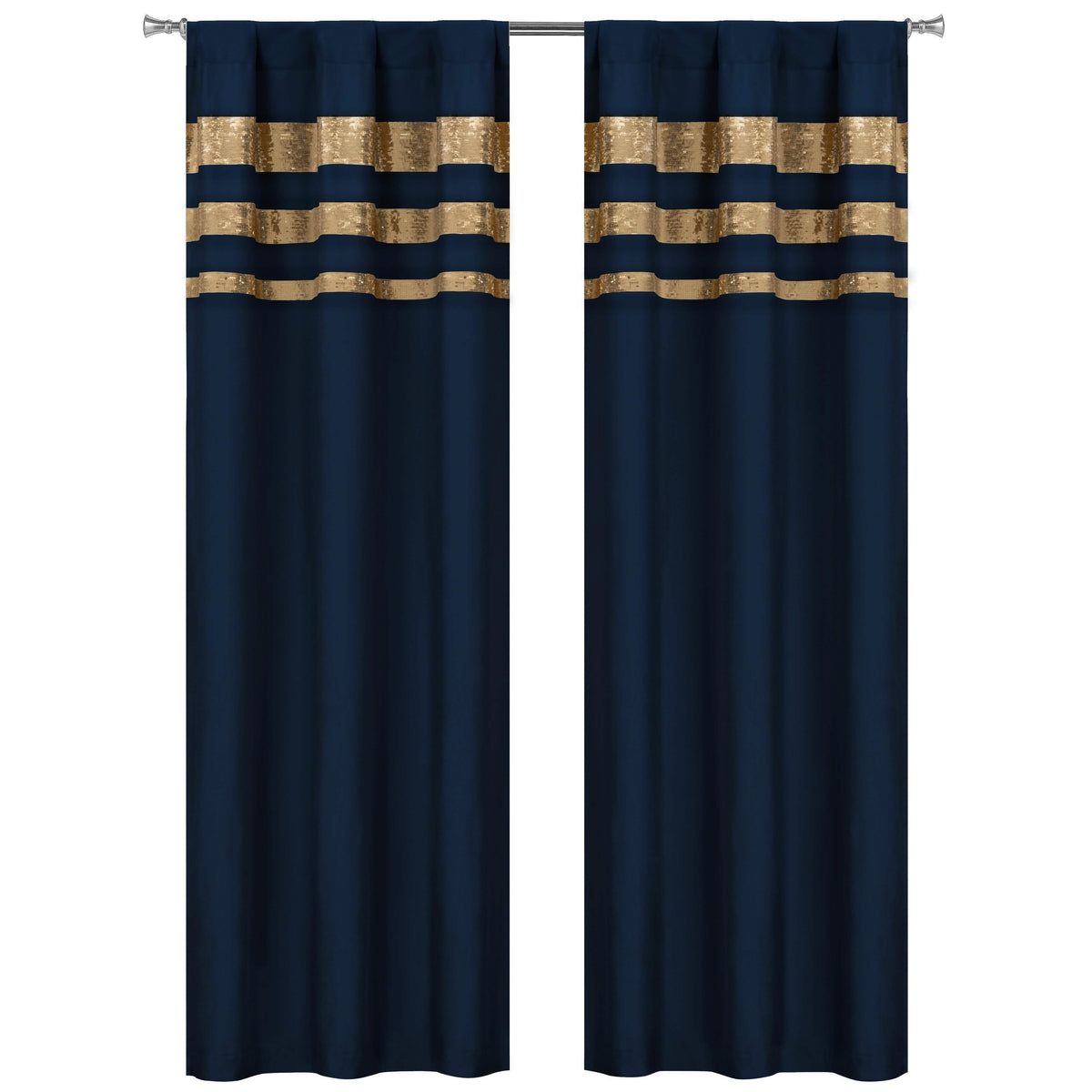 Set of 2: Velvet Metallic Stripe Border Blackout Window Curtain Pair Panel