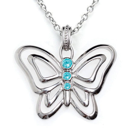 Silver Butterfly Pendant Necklace With Blue Crystal