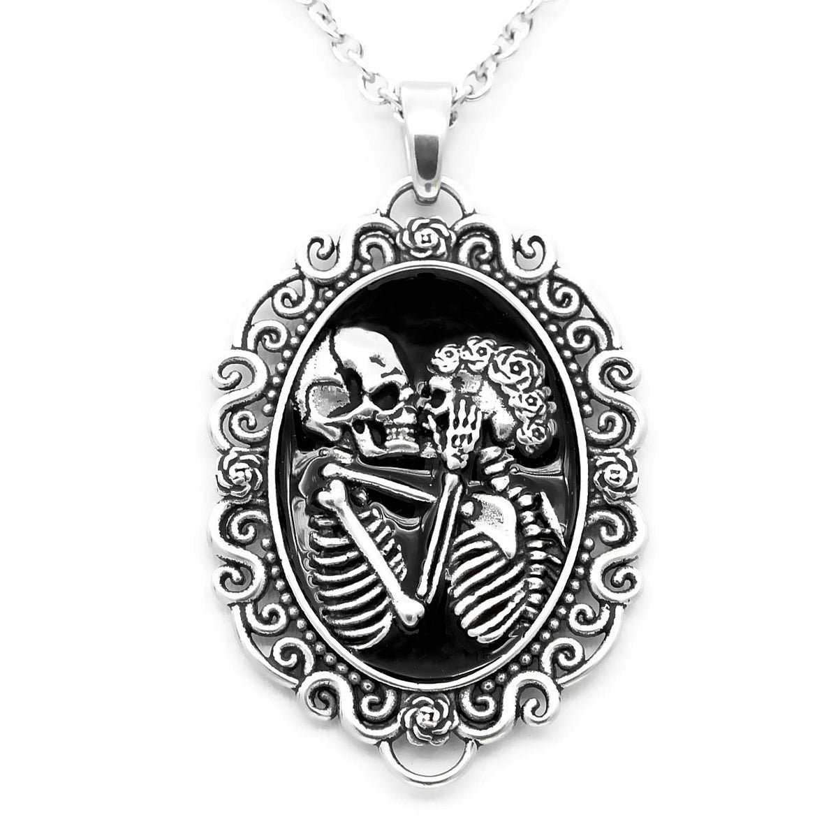 Skull Cameo Necklace Gothic Skeleton Kissing Pendant