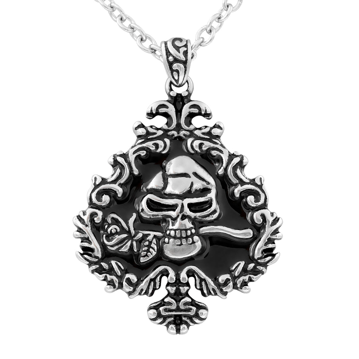 Skull Rose Spade Necklace Gothic Ivy Pendant Silver