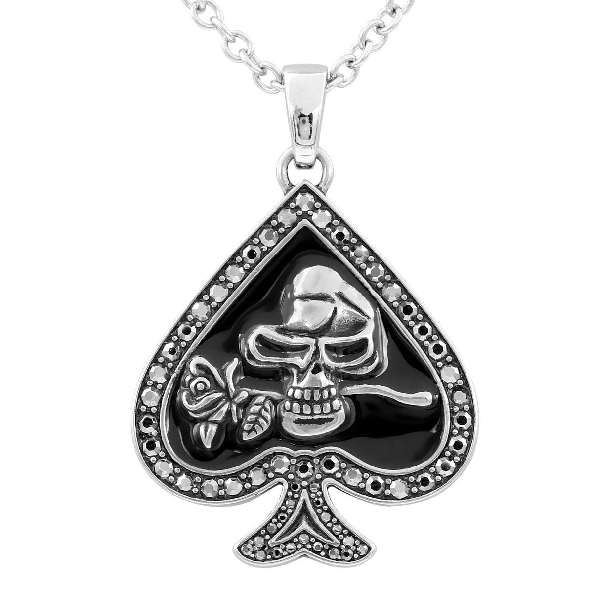 Skull Spade Necklace With Rose Pendant Gothic Silver