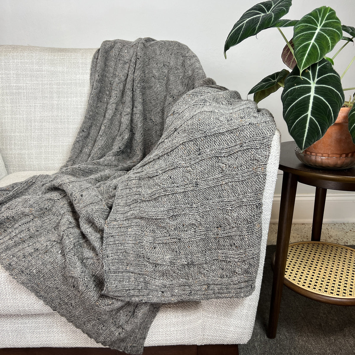Smoke Gray Alpaca Merino Cable Knit Throw Blanket Cozy Luxury Home Decor