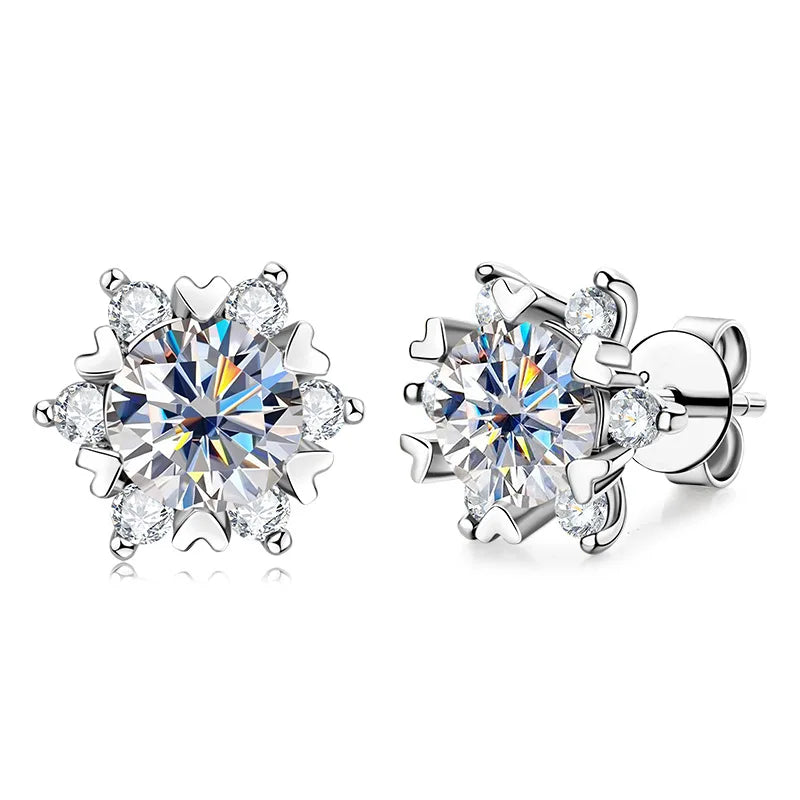 Sterling Silver Moissanite Snowflake Stud Earrings 6-Claw Valentines Gift