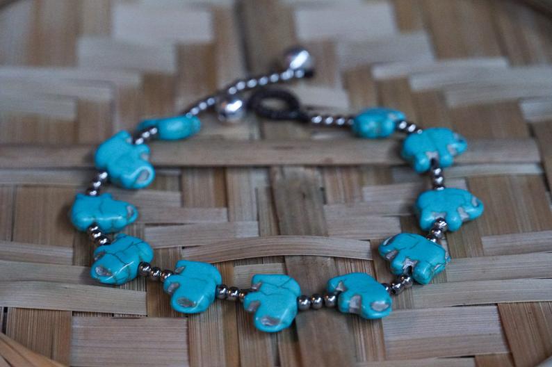 Turquoise Elephant Boho Anklet Silver Beaded Foot Jewelry