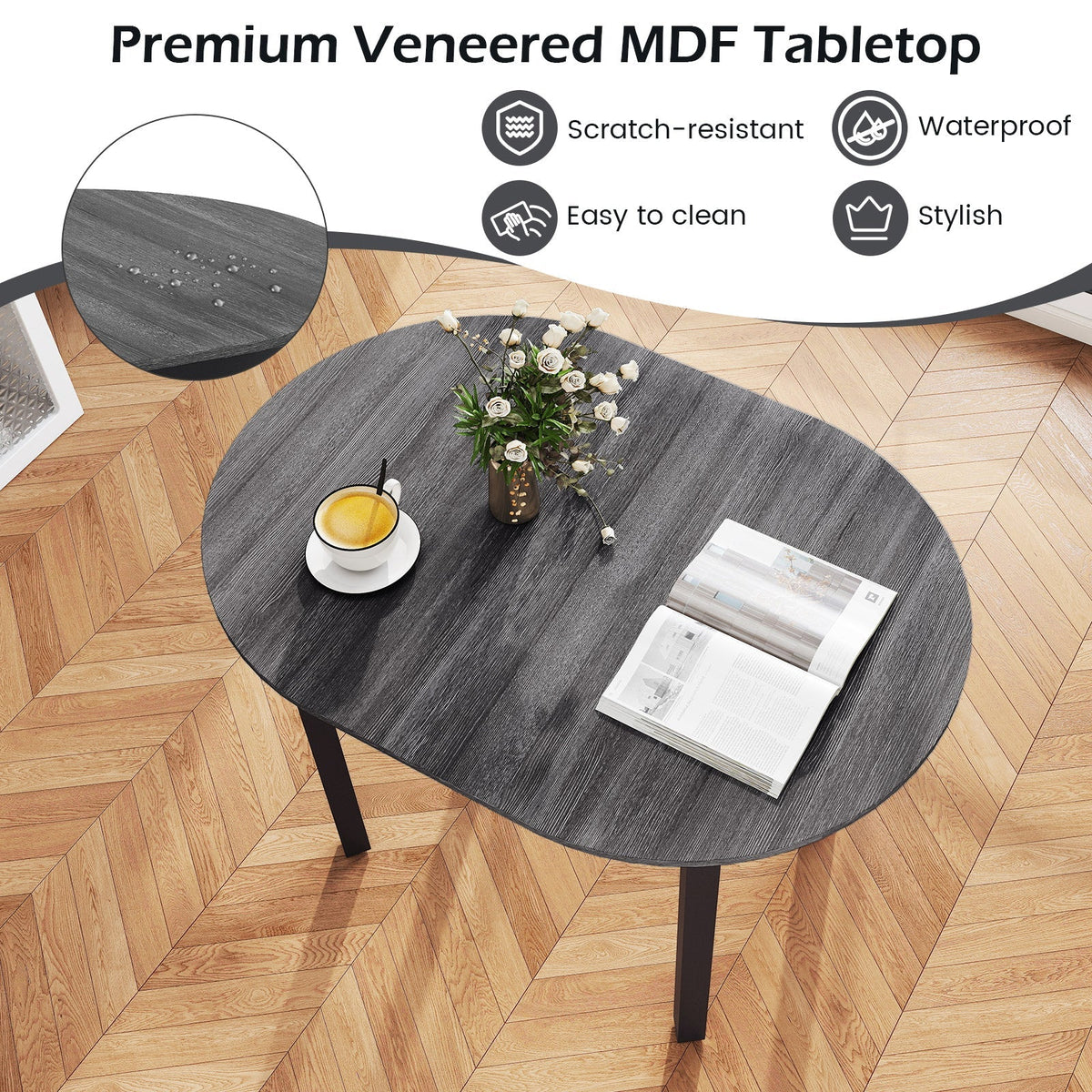 43 Inch Wooden Dining Table with Rubber Wood Legs for 2-4 People-Black