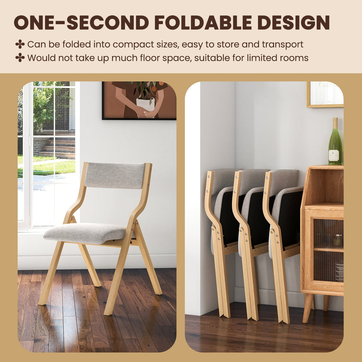Folding Dining Chair Set of 4 Wooden Upholstered Dining Chairs with Solid Wood Frame