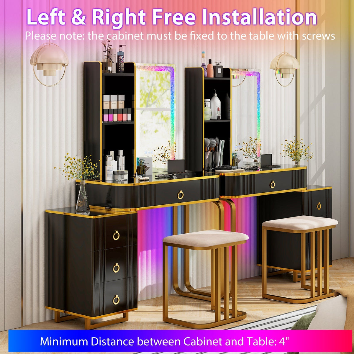 Vanity Table Set with RGB LED Lights and Wireless Charging Station