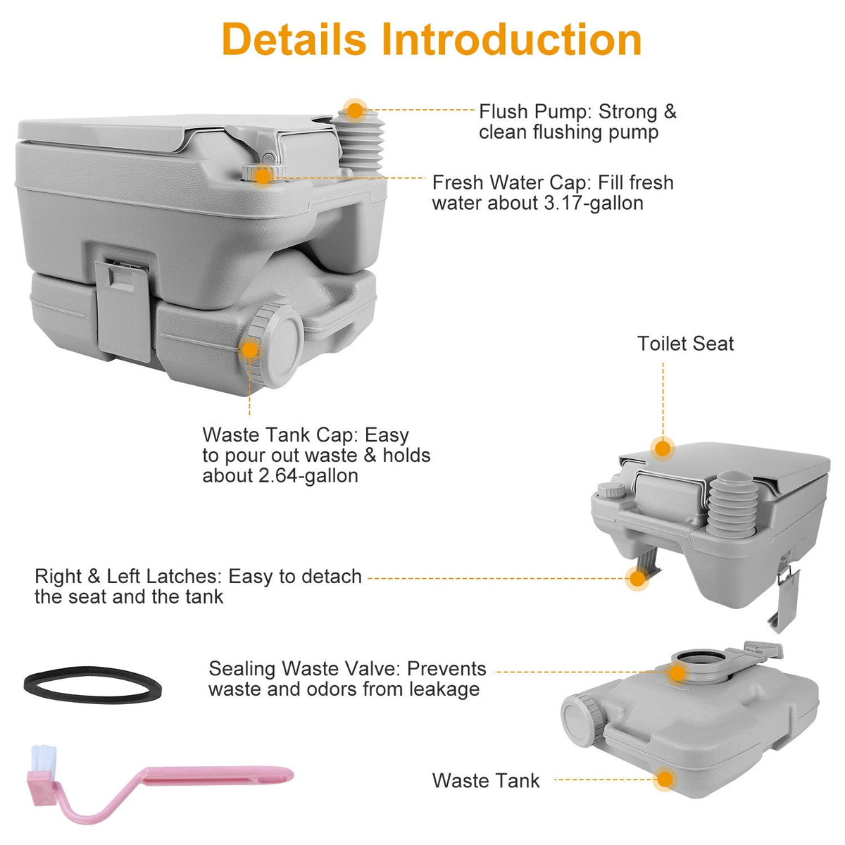 10L/2.64Gal Portable Toilet Camping Porta Potty Leak-proof Flush Travel Commode For Camping Traveling Boating Outdoor Activities