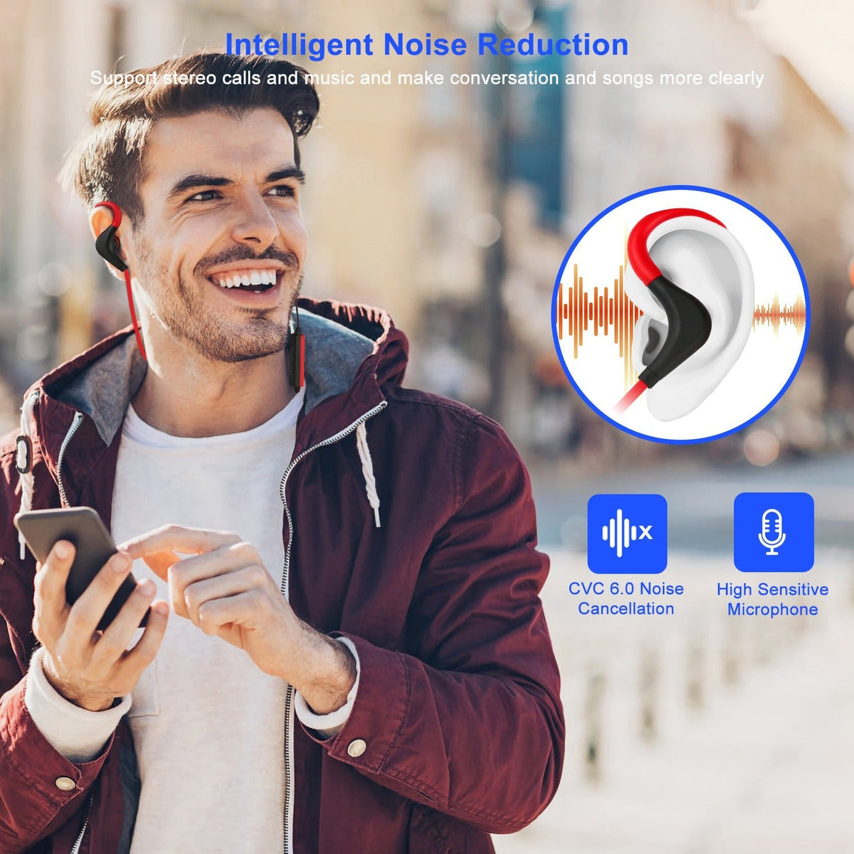 Wireless Headsets V4.1 Sport In-Ear Stereo Headphones Sweat-proof Noise Canceling Earphones Back-Headphone w/Mic Hands-free for Running Hiking Travel