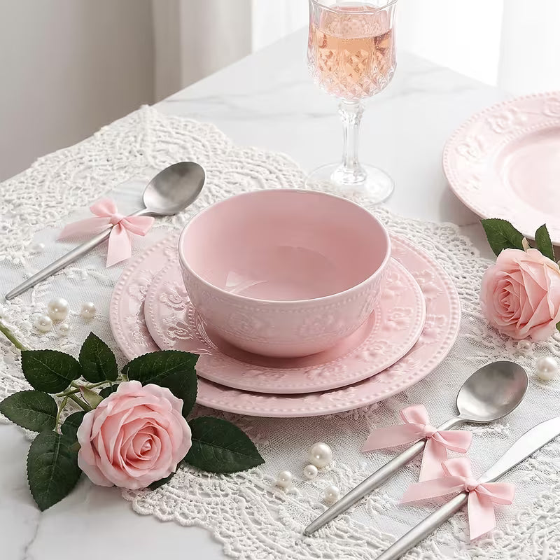 12-Piece Vintage Strawberry Relief Ceramic Dinnerware Set