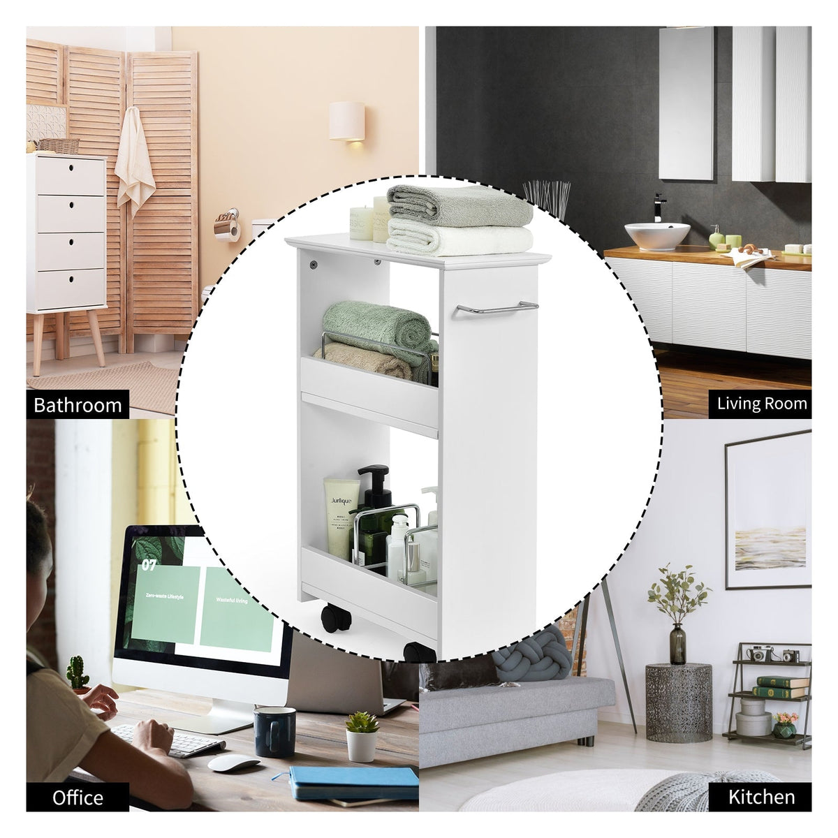 Slim Rolling 3-Tier Bathroom Mobile Shelving Cabinet wih Handle