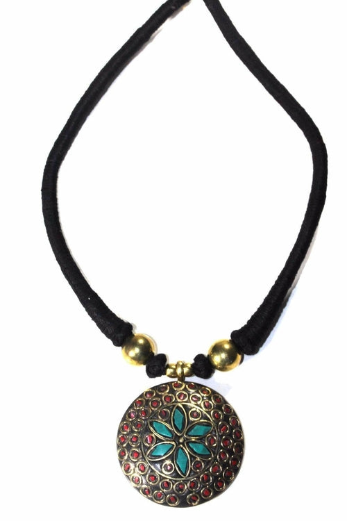 Mosaic Medallion Necklace Colorful Handplaced Brass Pendant