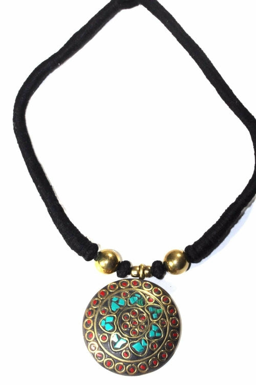 Mosaic Medallion Necklace Colorful Handplaced Brass Pendant