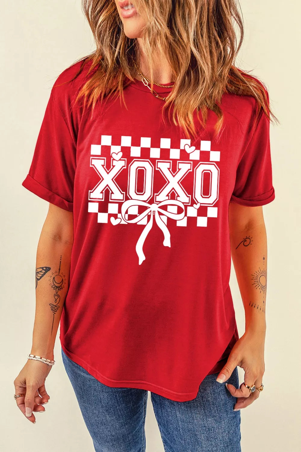 XOXO Checkered Ribbon Bow Print Valentines Day T Shirt